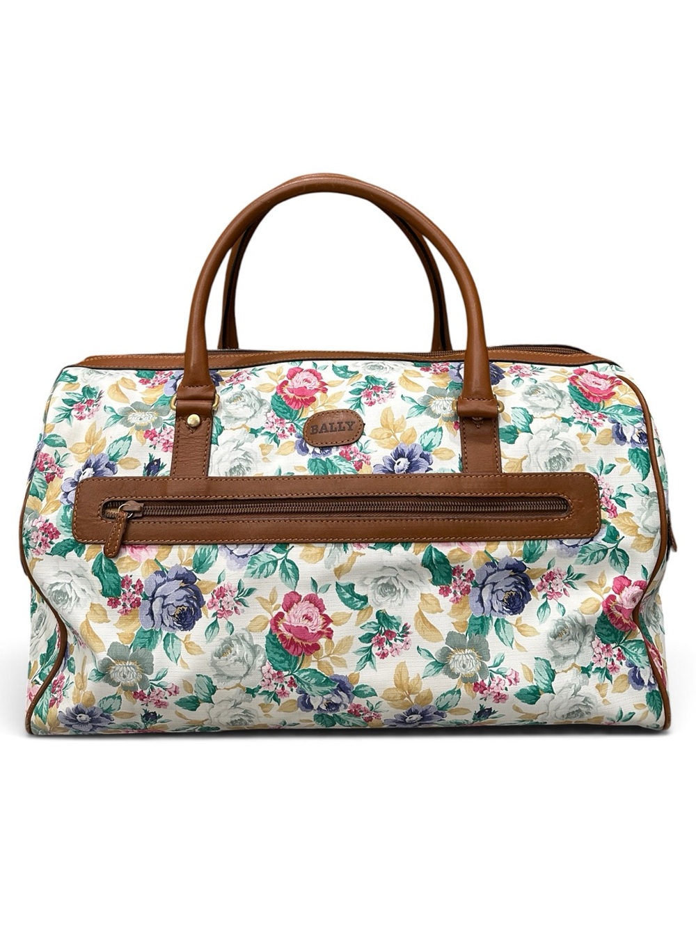 BALLY Floral Canvas Travel Bag with Brown Leather Trim and Multicolor Roses